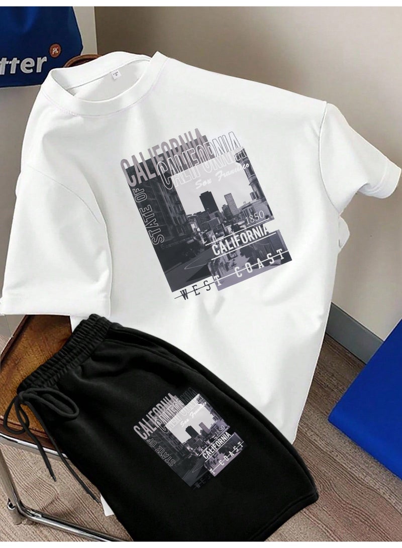 Men's Casual 2-Piece Outfit White T-Shirt and Black Shorts Set California Cityscape Graphic Print Streetwear Co-ord - Image 1